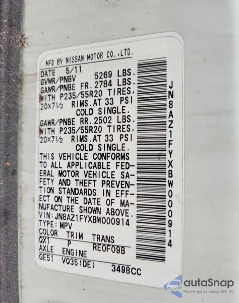 2011 Nissan Murano Crosscabriolet z USA, uszkodzony, nr VIN JN8AZ1FYXBW000914